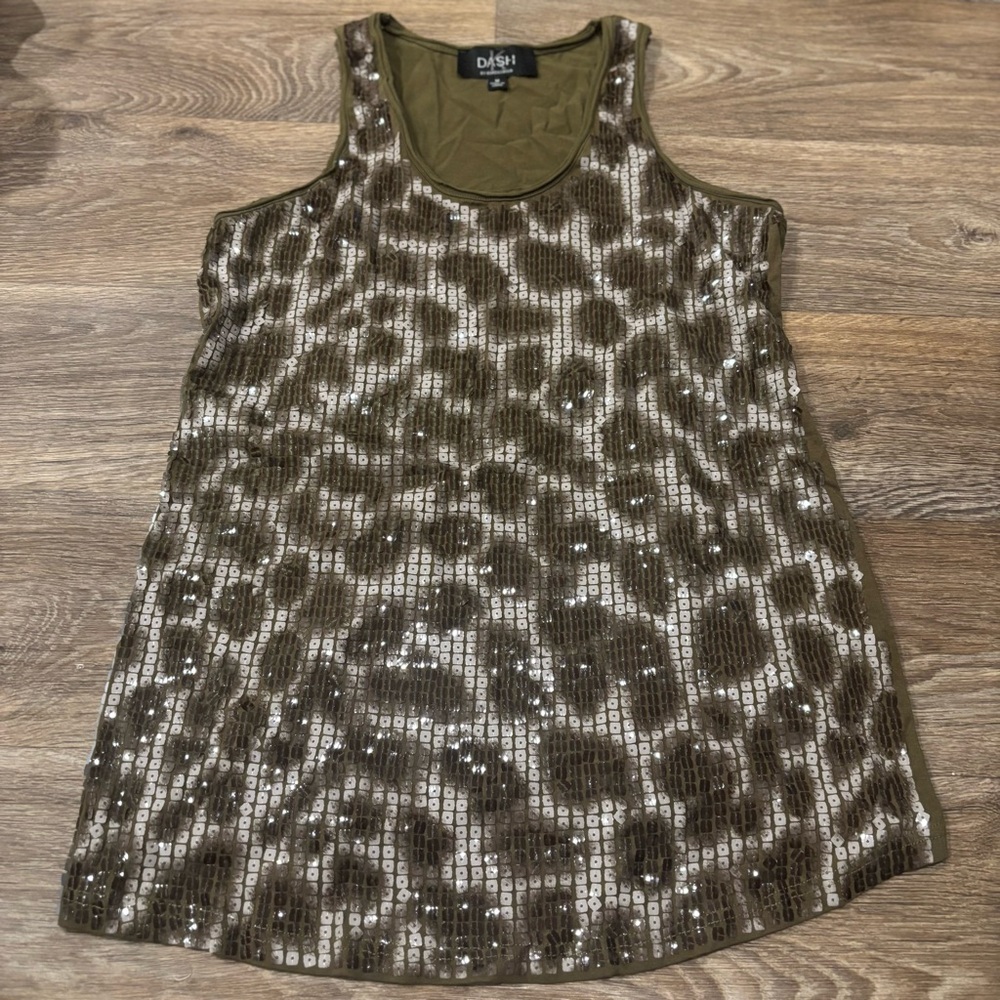 Dash Kardashian Olive Green Sequin Leopard Tank Top Medium Y2K Clubwear Glam